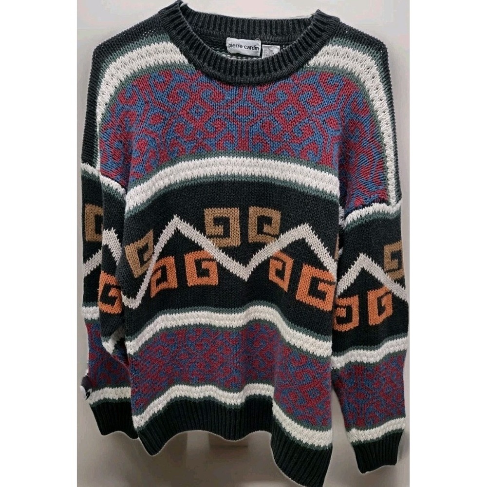 Pierre Cardin Geometric Knit Vintage Sweater Distressed Holes Rugged Unisex L/XL